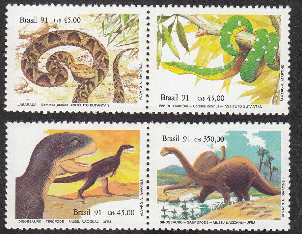 Марки.  Бразилия.  1991.  Змеи,  Динозавры.  Фауна.  Серия  в  сцепках.