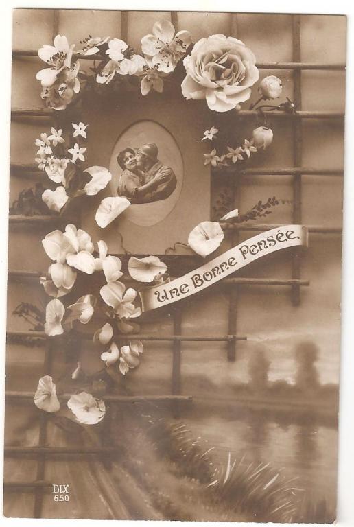 Старинная открытка - Хорошие воспоминания - Солдат с девушкой - Поцелуй - Франция 1919 год