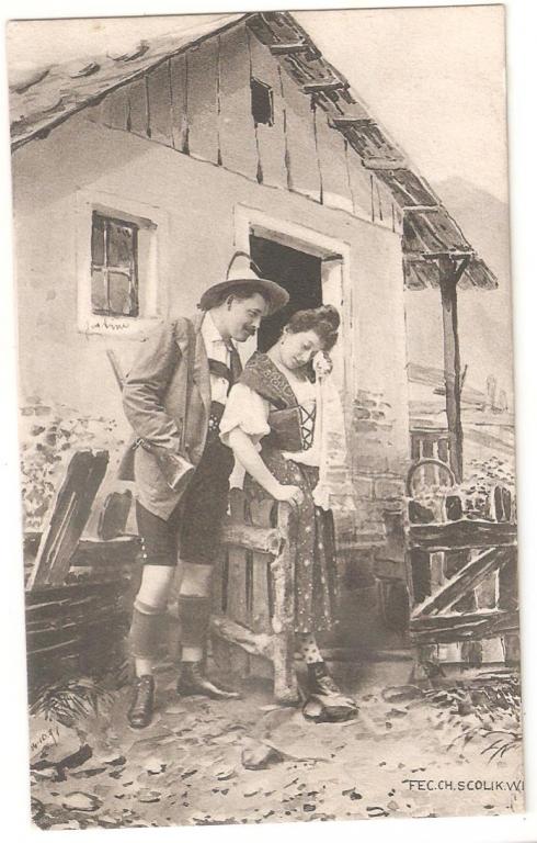 Старинная открытка - Охотник и крестьянка 1.- Австрия 1901 год Издательство Scolik, Wien