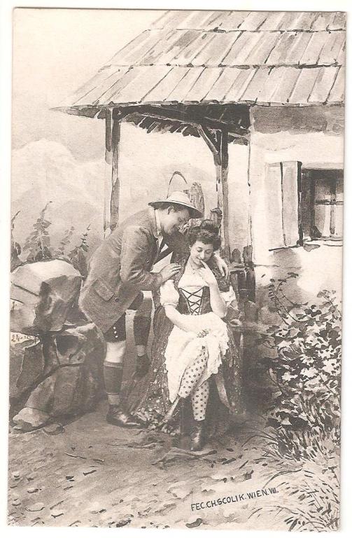 Старинная открытка - Охотник и крестьянка 4.- Австрия 1901 год Издательство Scolik, Wien