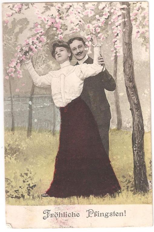 Старинная открытка - Веселой Троицы! - Влюбленная пара - Германия 1909 год | Мужчина и женщина