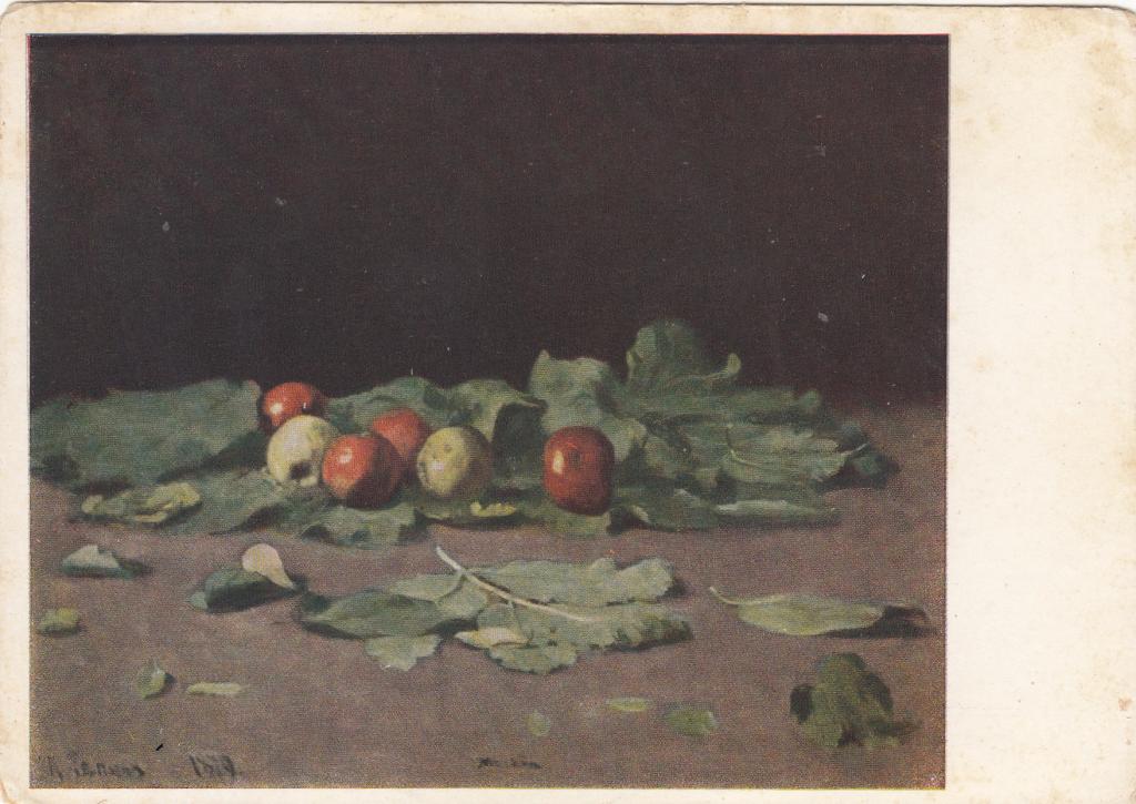 Яблоки на листьях картина