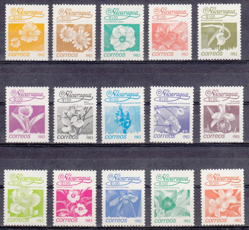 Марки.  Никарагуа.  1983.  Цветы.  Флора.  15  марок  ( Неполная  серия ).