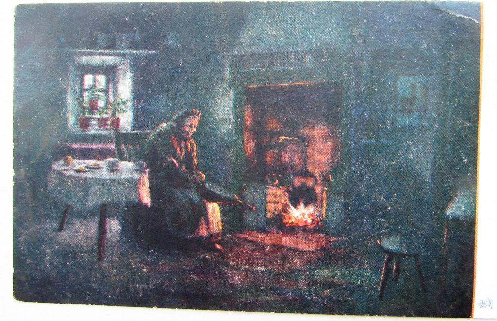 Пожилая женщина раздувает огонь в очаге Чайник Штемпель 1905
