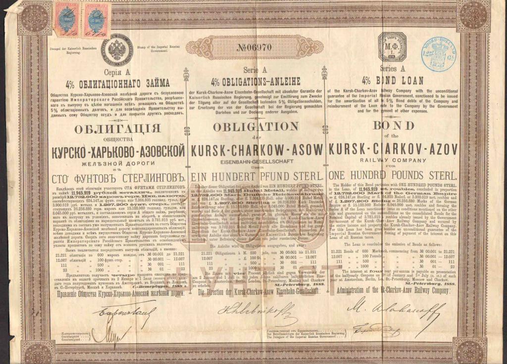 970 Курско-Харьково-Азовская железная дорога 100 фунтов стерлингов 1888