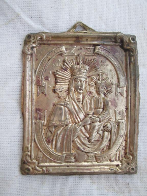 БОЖЬЯ МАТЕРЬ СПОРУЧНИЦА ГРЕШНЫХ , 19 ВЕК ! РЕДКАЯ ПАЛОМНИЧЕСКАЯ ИКОНА ! ЛАТУНЬ , ЧЕКАНКА !!! RRRRR