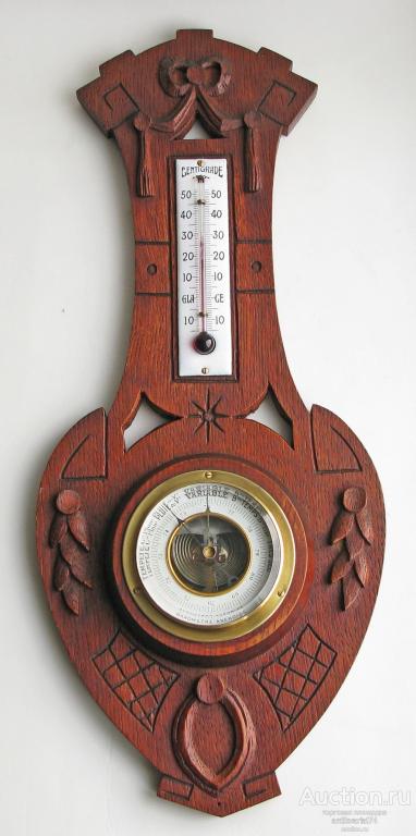 Барометр Анероид с термометром дерево, резьба конец ХIХ - начало ХХ века Германия 460х195мм