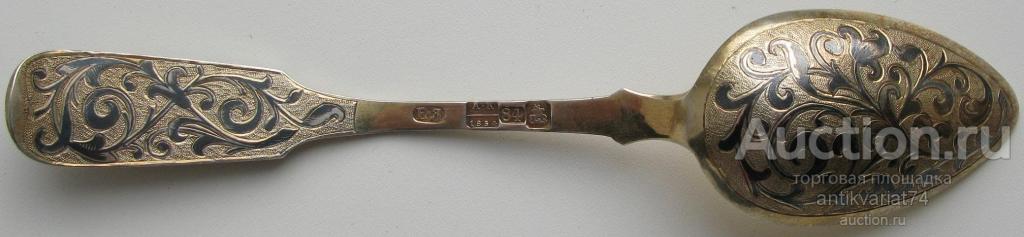 десертная ложка, серебро 84проба, позолота, чернь, 1854г, Россия, Москва 167мм длинна, 34грамма