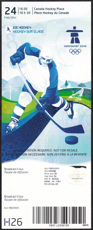 2010 Билет. Зимние Олимпийские Игры. Ванкувер. Хоккей. Россия - Канада - 3 : 7. Четвертьфинал.