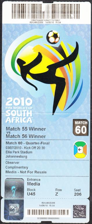2010.  Билет.  ФУТБОЛ.  Чемпионат  Мира.  Матч № 60.  Парагвай - Испания.  1/4 финала.