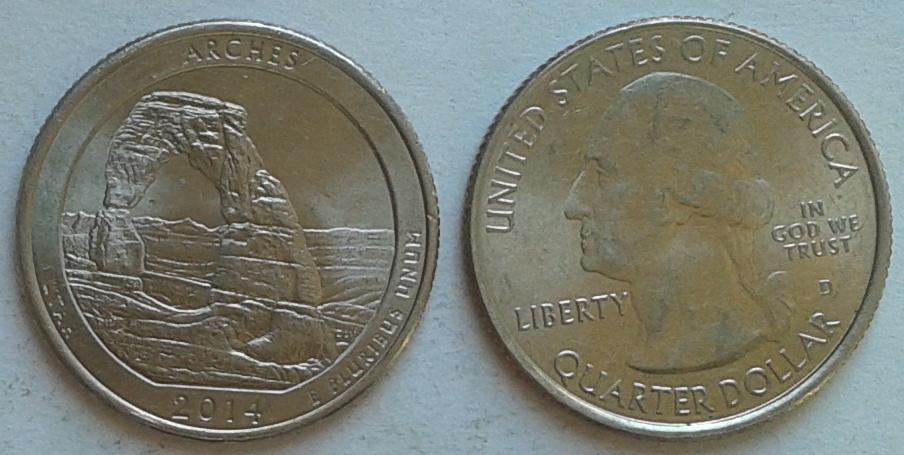 США. Национальные парки. Арки.  Юта - 25 центов, никель, 2014 Р