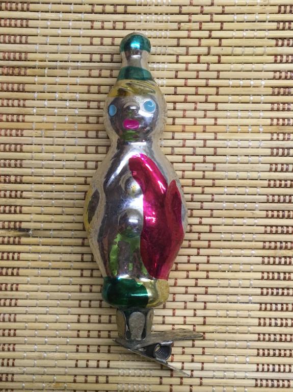 Елочные игрушки. Стекло. Клоун на прищепке . Винтаж. СССР.