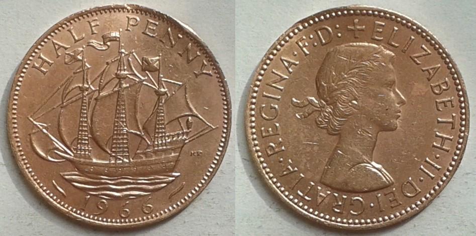 Англия. Парусник - пол-пенни, медь, 1966