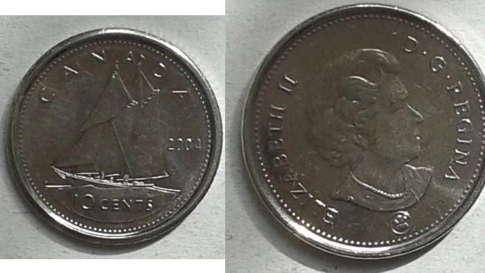 Корабли на монетах мира. Канада. Парусник - 10 центов, никель, 2004