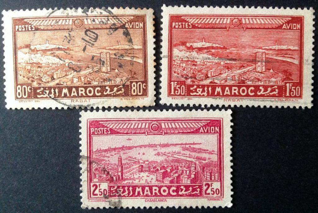 Марокко 1933 г. Авиапочта. Городской пейзаж. Рабат. Касабланка. Mi: MА 118-120.