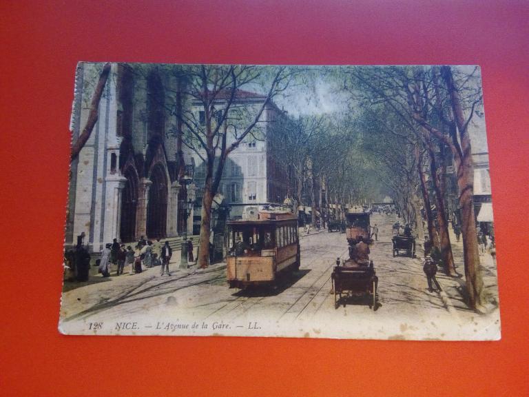 открытка почтовая карточка старинная чистая, цветная Ница, улица к вокзалу, трамвай (90)