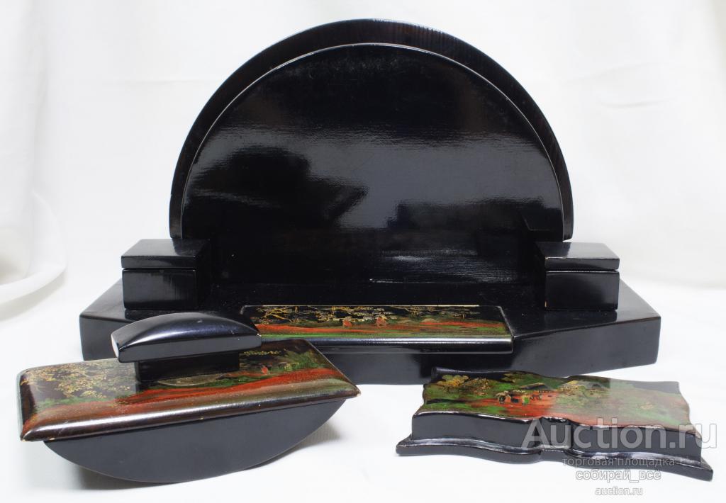 Письменный набор из  трех предметов, дерево, роспись, лак