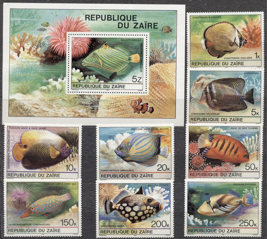 Заир 1980 г. серия, блок "Рыбы" негашеная **