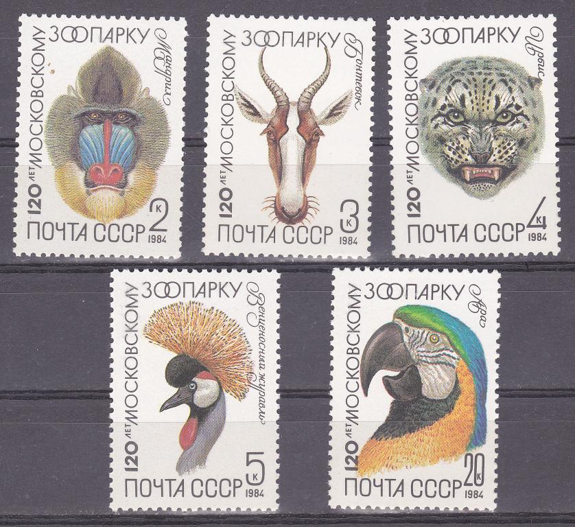 Марки СССР 1984 г. № 5476 - 5480 Зоопарк Серия 5 марок MNH ** Фауна
