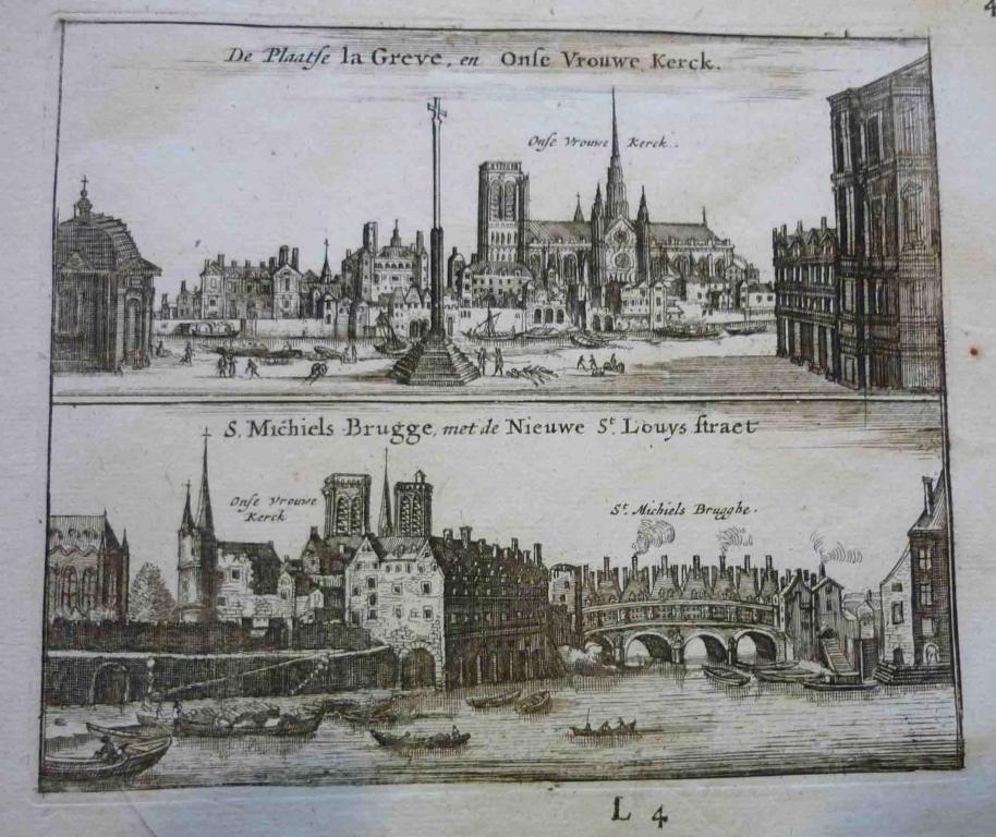 ГРАВЮРЫ ПАРИЖ , СОБОР ПАРИЖСКОЙ БОГОМАТЕРИ И МОСТ СВ МИХАИЛА 1666 Г