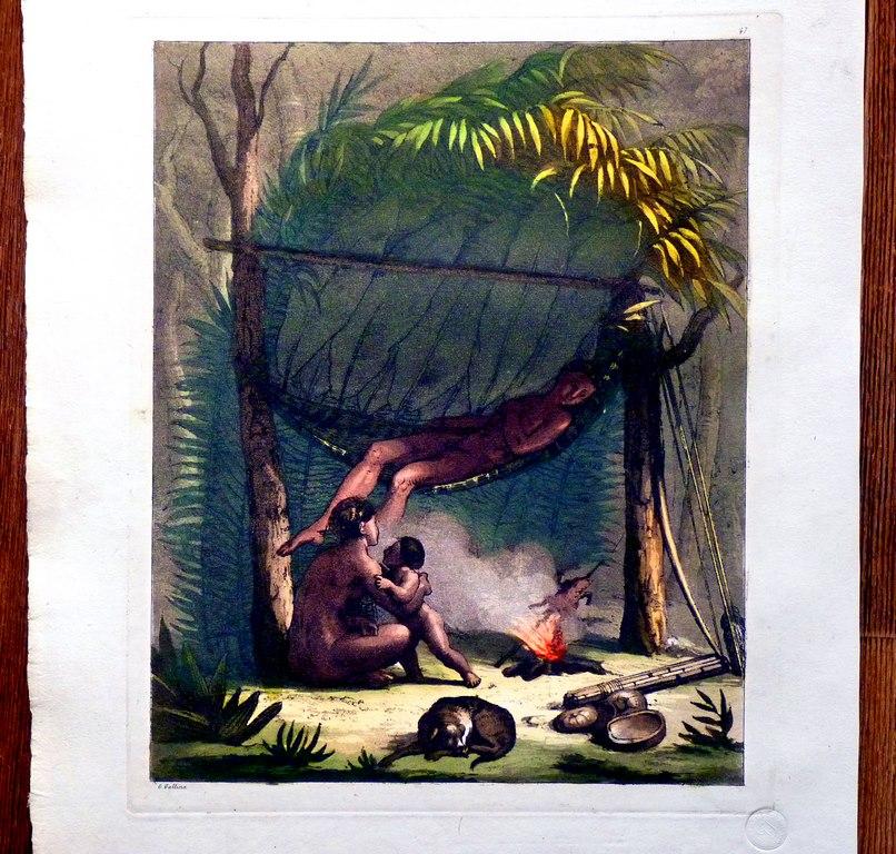 Гравюра Италия Индейцы Племя Пури, Бразилия Семья Домик Быт 1820 г.акварель