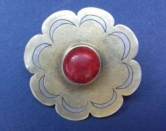 Антикварная туркменская брошь, серебро, позолота, стекло, туркменское украшение, начало 20 века