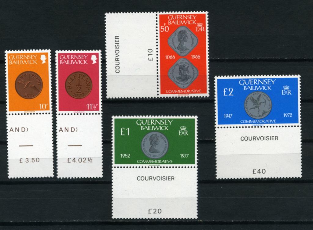 Гернси. Монеты на марках.  Нумизматика. Серия 5 марок С КУПОНАМИ. 1979.** 