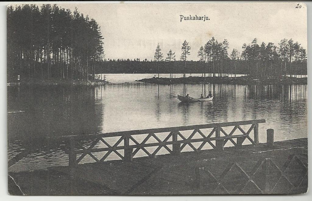 антикварная .РОССИЯ.ЦАРСКАЯ ФИНЛЯНДИЯ.ПУНКАХАРЬЮ!!!.РЕКА.МОСТ.ЛОДКА.РЫБОЛОВЫ.ПЕЙЗАЖ