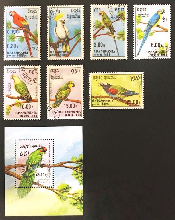 1989г. Камбоджа. Попугаи. Серия № 1016-1022, блок №164 (Michel)