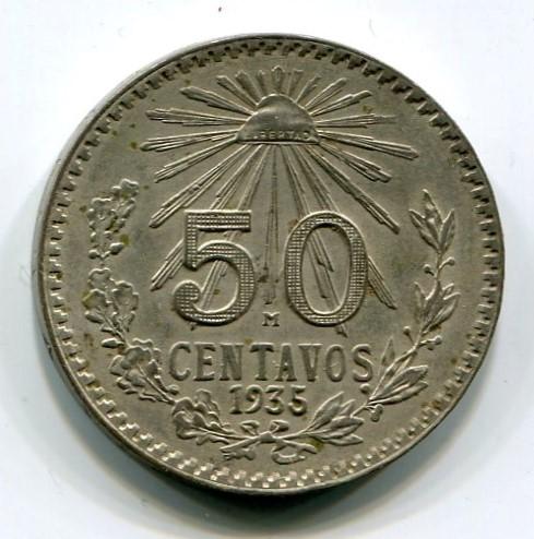 Мексика 50 сентаво 1935 года. Серебро.