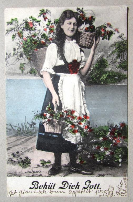 Девушка с цветами в корзинах Штемпель 1907