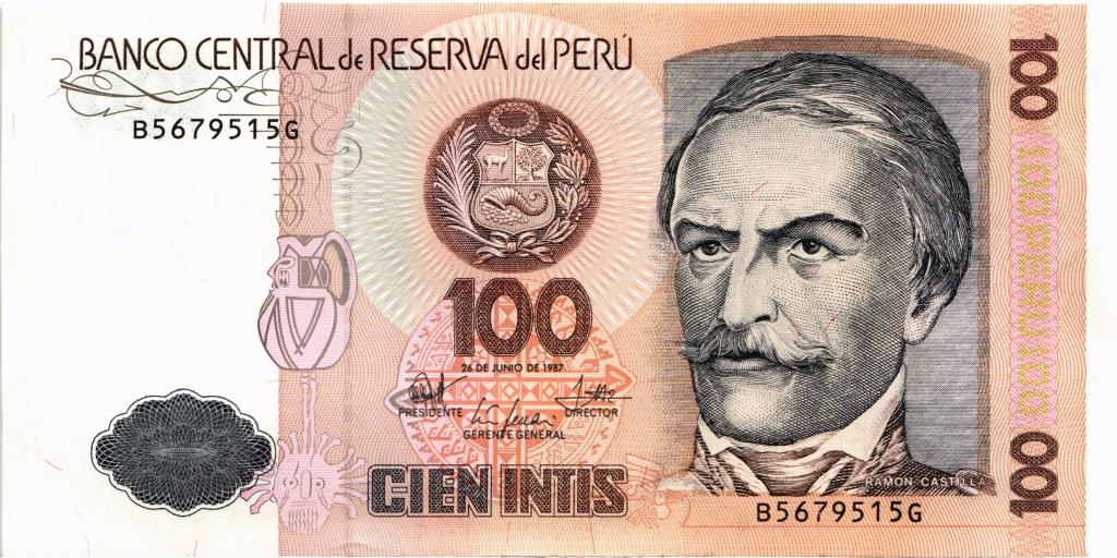Банкнота, Перу, 100 интис, 1987, UNC пресс