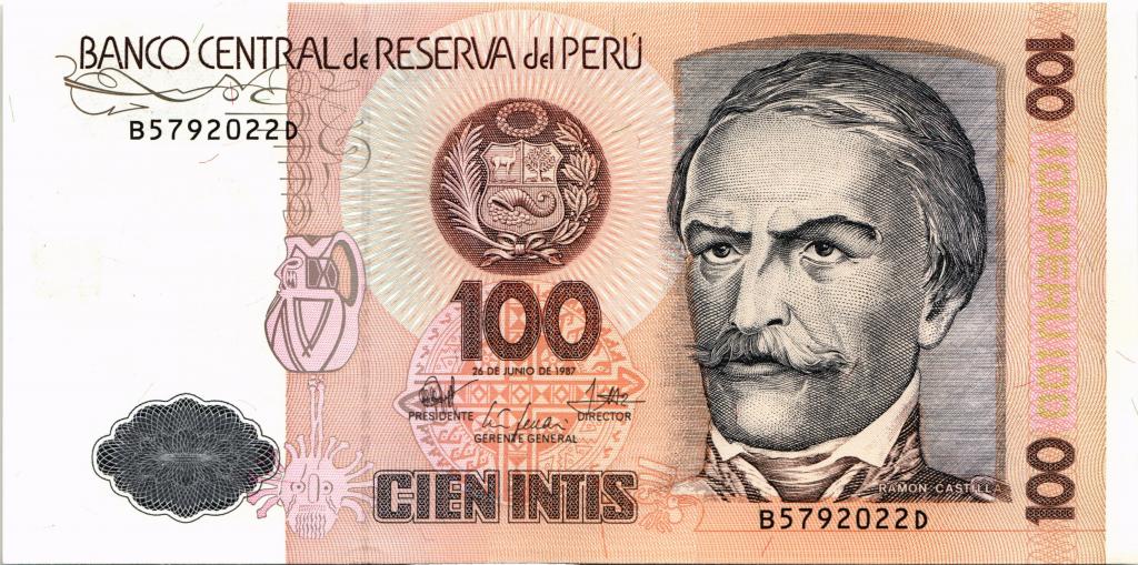 Банкнота, Перу, 100 интис, 1987, UNC пресс