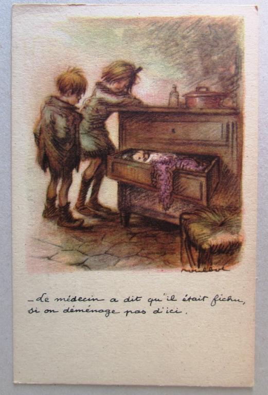 Мальчик и девочка у комода и младенец в ящике Франция 2