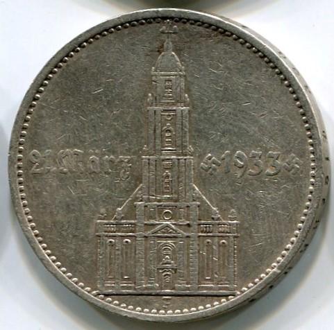Германия 5 марок 1934 года F. Кирха с надписью. Серебро.