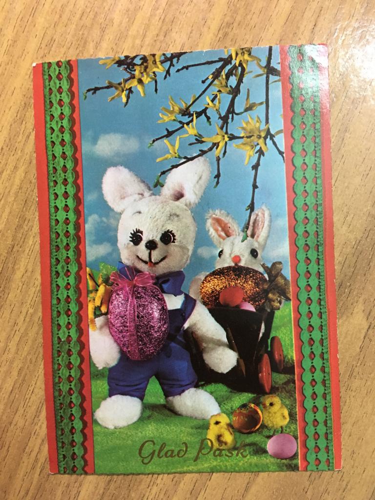 Открытка иностранная. Открытка. Польша. 1976 г. Игрушки. Куклы. Зайцы. Цыплята.