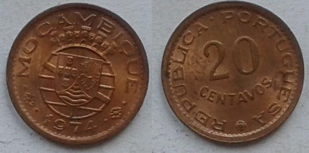 Португальский Мозамбик - 20 сентаво, бронза,1974