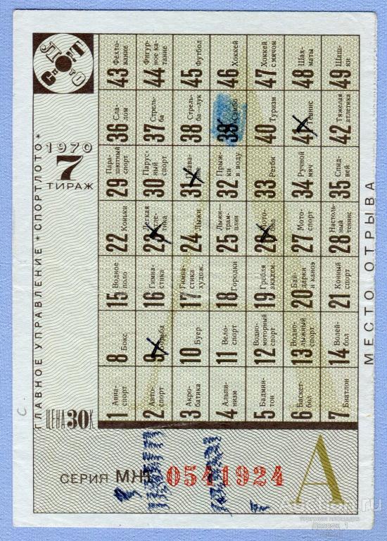 СПОРТЛОТО 1971  Тираж 7  Серия МЖ