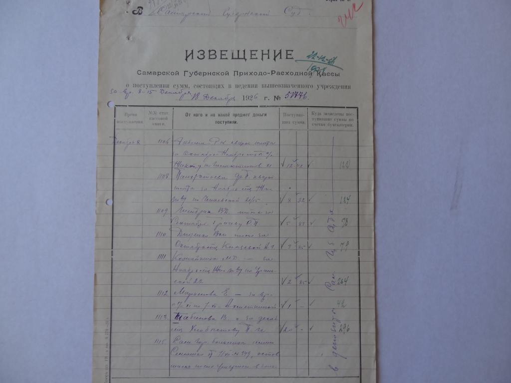 Извещение Самарской Губернской приходно-расходной кассы, Самара, 1926 год