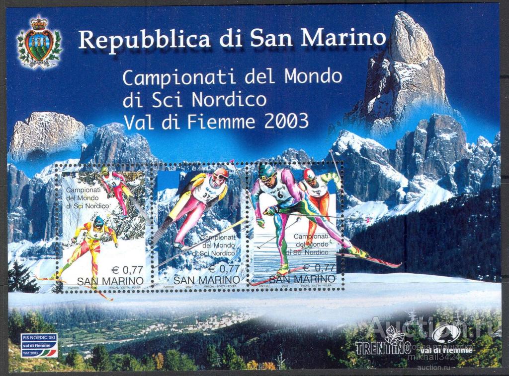 М1775 ✅ Зимний Лыжный Спорт Чемпионат мира 2003 Сан-Марино Блок ** 2,31€