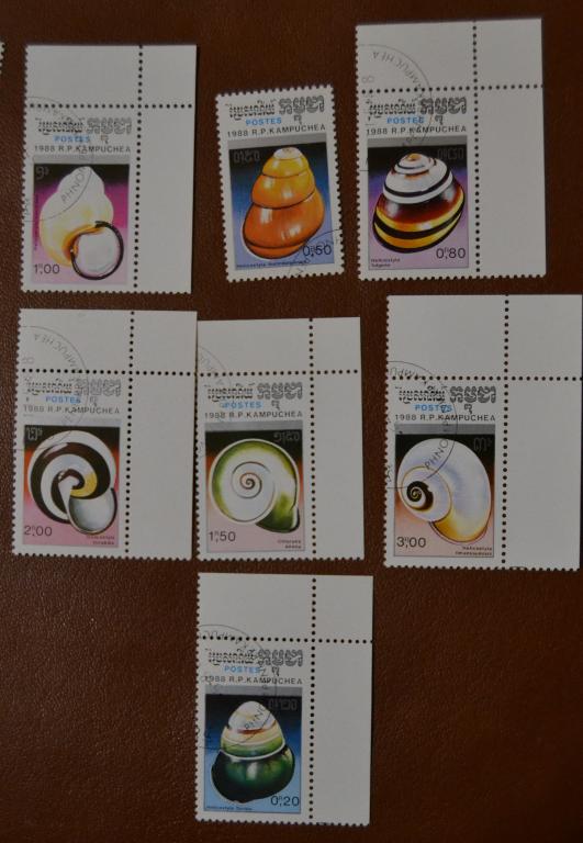 Кампучия 1988 г. ФАУНА МОРЯ, МОЛЛЮСКИ, Раковины, Ракушки, 7 марок, ГАШ.