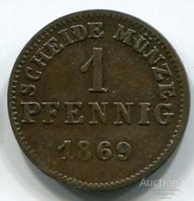 Германия - Гессен-Дармштадт 1 пфенниг 1869 года.