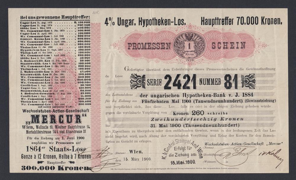 Австро-Венгрия Вексель "MERCUR" 1900г 1 крона г.Вена (2421)