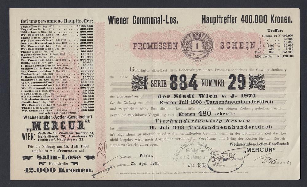 Австро-Венгрия Вексель "MERCUR" 1903г 1 кр г.Вена (884)