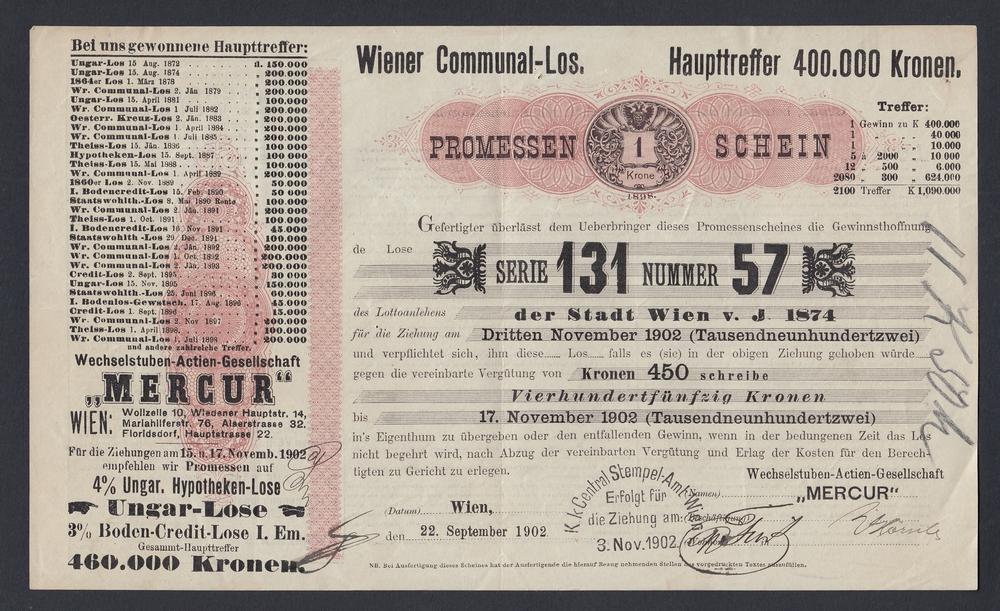 Австро-Венгрия Вексель "MERCUR" 1902г 1 кр г.Вена (131)