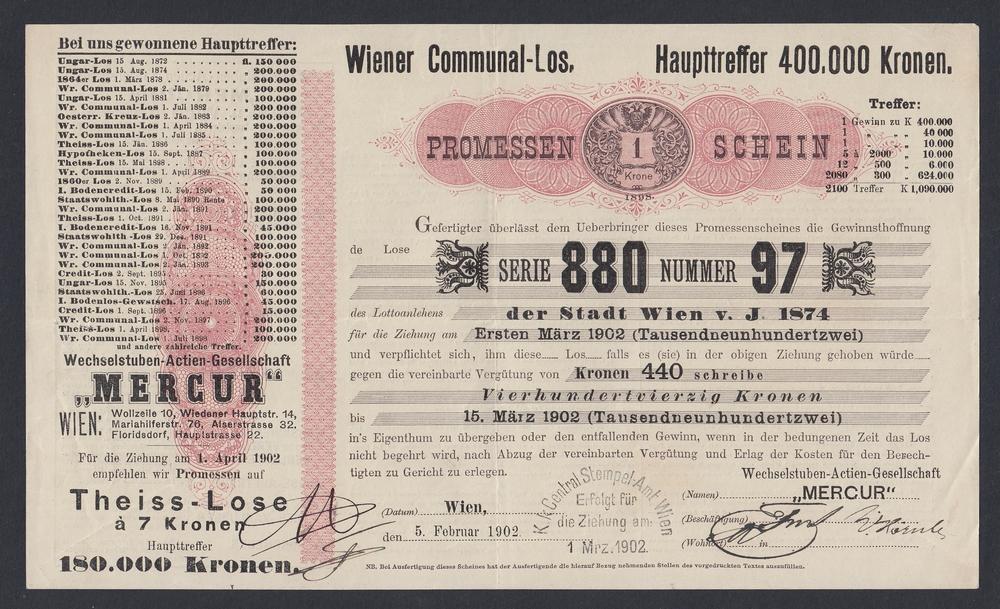 Австро-Венгрия Вексель "MERCUR" 1902г 1 кр г.Вена (880)