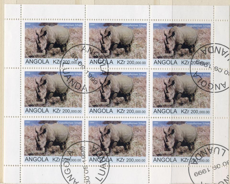 Ангола 1999 г. малый лист носорог гашеная*