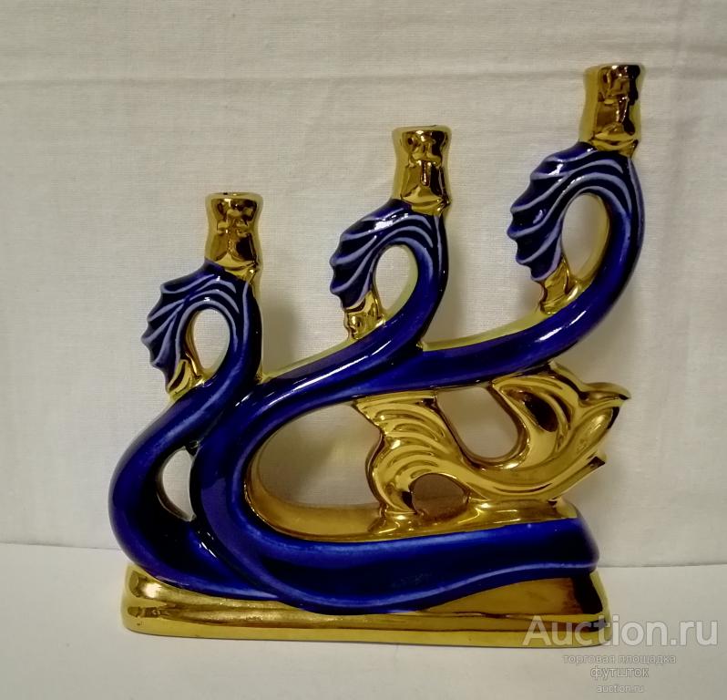Подсвечник Фарфор Кобальт Волны Золотая Рыбка Редкий ф1030