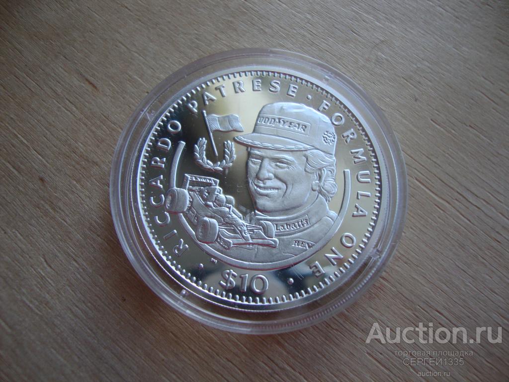 Либерия 10 долларов 1992 Автогонщик Риккардо Патрезе Формула-1 СЕРЕБРО