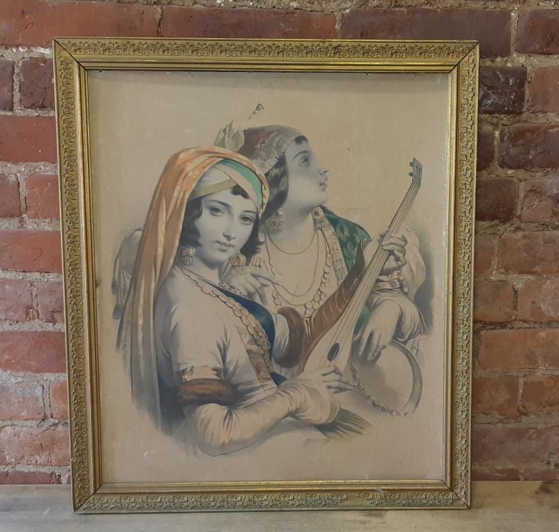 Цветная хромолитография в раме. Две цыганки. 1849 год. 19 век. Эдуард Дебрюксель Бельгия.